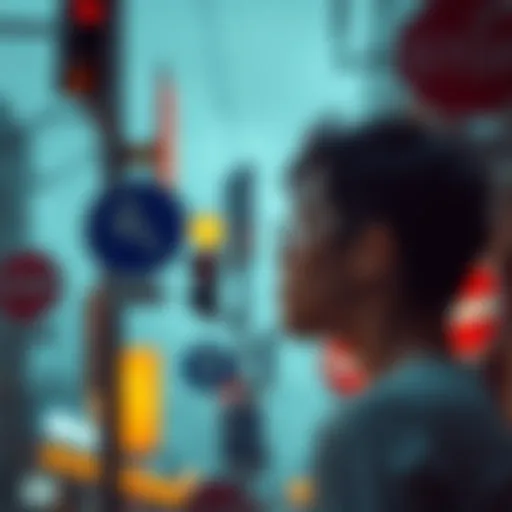 Person Observing Signs A person looking thoughtfully at various signs around them, such as street signs and symbols, symbolizing interpretation and awareness.