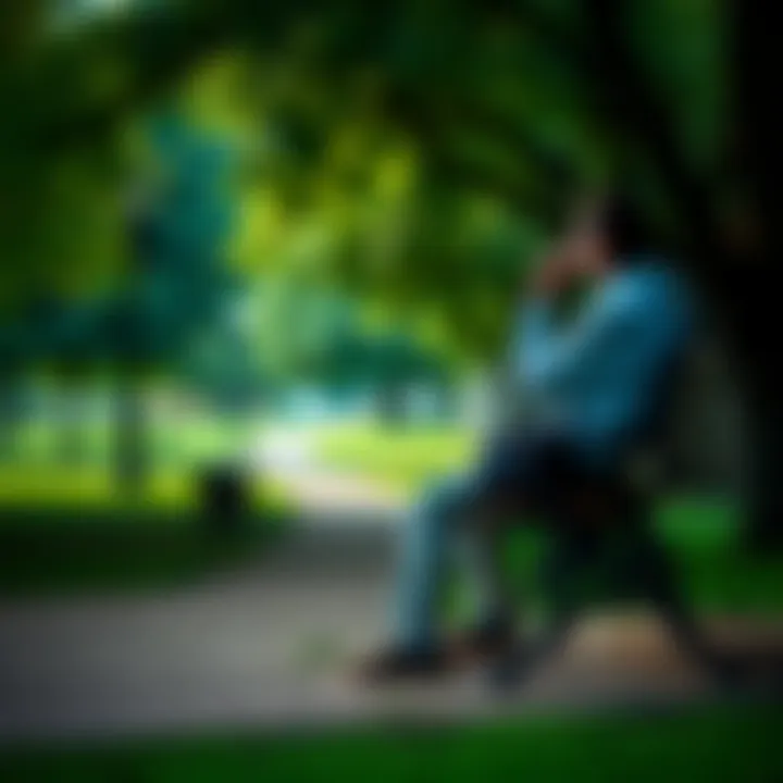 Person sitting on a bench looking contemplative A person sitting on a park bench, gazing into the distance, expressing feelings of being stuck in life. Trees and a path are visible in the background.