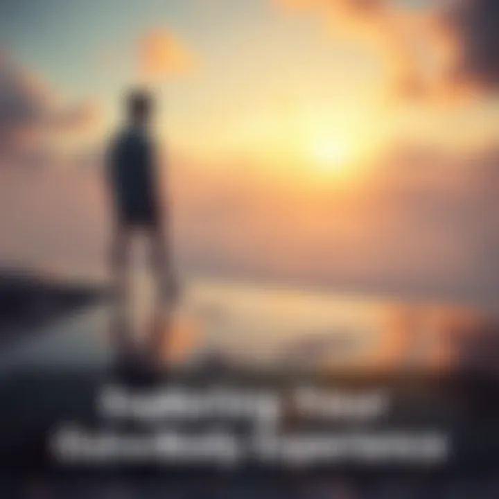 Person experiencing an out-of-body experience A person floating above their physical body in a serene setting, observing themselves from a distance.