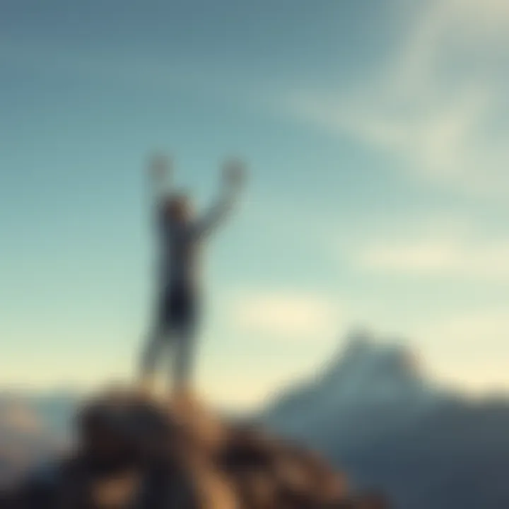 A person standing confidently on a mountain peak, arms raised in victory, symbolizing personal growth and overcoming insecurities.