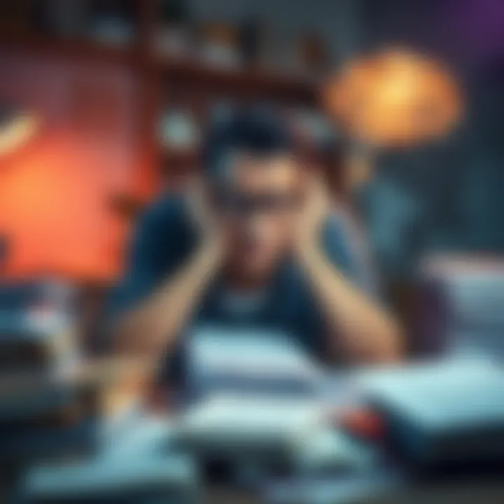 A stressed individual sitting at a desk, surrounded by books and papers, with a thought bubble depicting a dream-like world, symbolizing escapism through shifting.