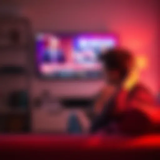 A person sitting on a couch, looking stressed while holding their head, with a television showing breaking news in the background.