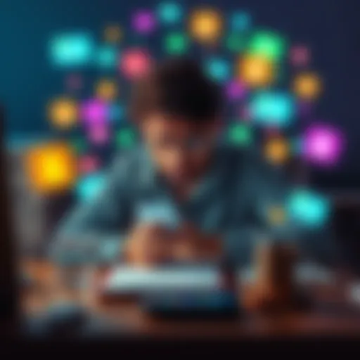 A person sitting at a desk with multiple phone notifications popping up, looking stressed and distracted.