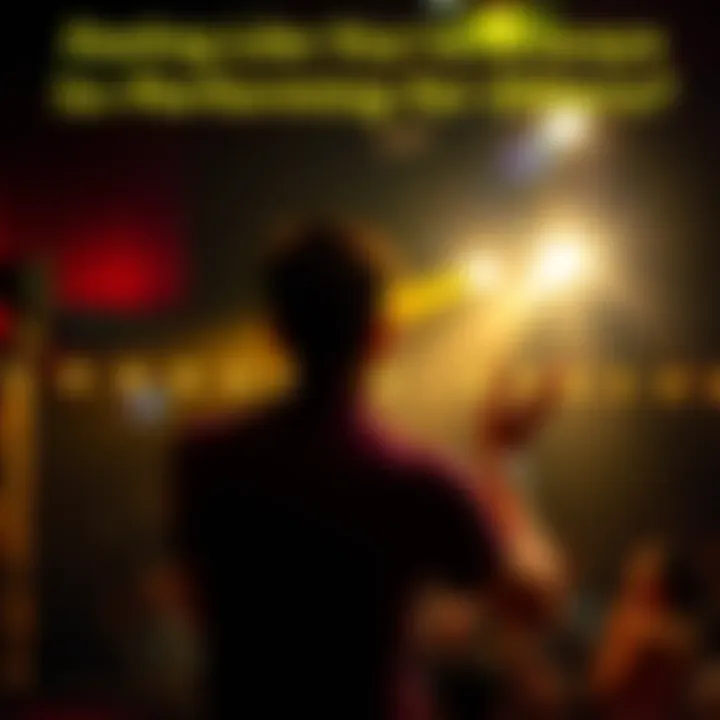 Individual performing under bright stage lights, looking out at an unseen audience.