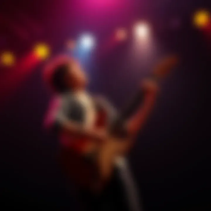 Person playing guitar on stage A passionate individual performs on stage with a guitar, expressing love for music and seeking to share their art with an audience.