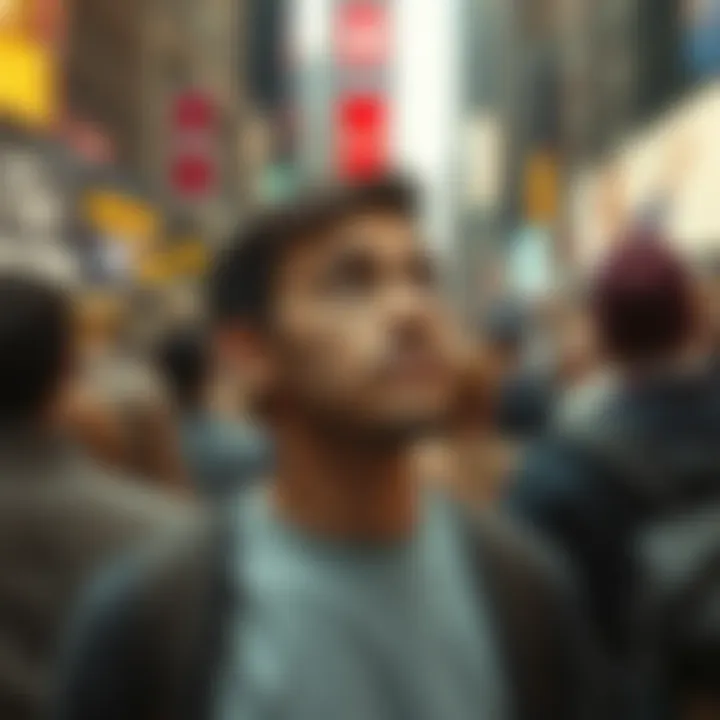 An American individual looks thoughtful among a crowd of people in a bustling city, representing confusion and search for meaning in society.