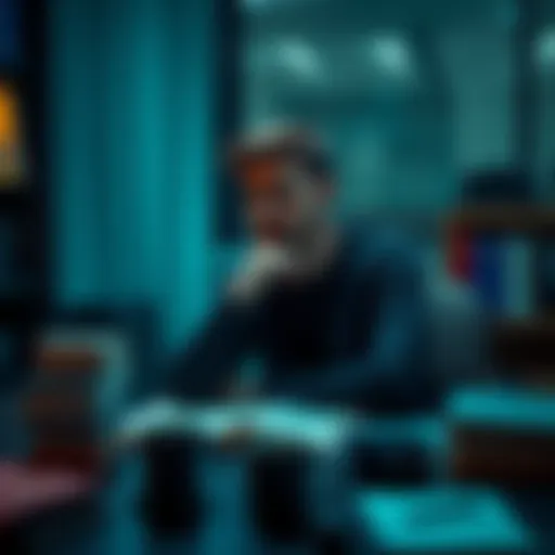 A person sitting at a desk with a thoughtful expression, surrounded by books and a coffee cup, contemplating the nature of reality and existence.