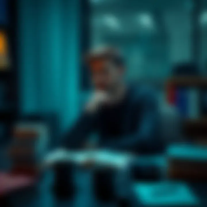 A person sitting at a desk with a thoughtful expression, surrounded by books and a coffee cup, contemplating the nature of reality and existence.