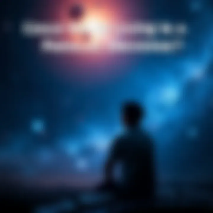 Person pondering existence A person sitting alone, looking thoughtful with a cosmic background of stars and galaxies, considering the concept of parallel universes.