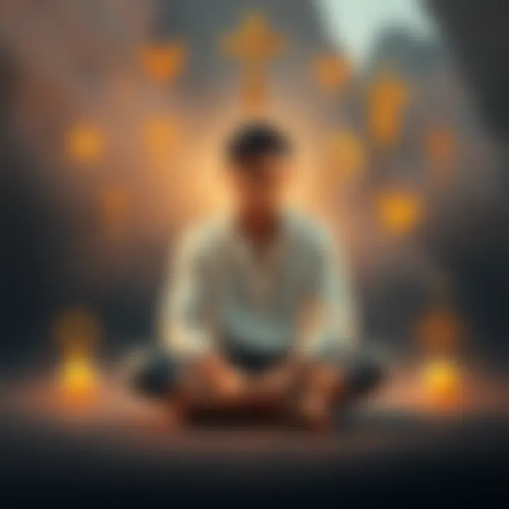 A person sitting cross-legged with a thoughtful expression, surrounded by symbols of different religions, representing a journey of spiritual exploration.