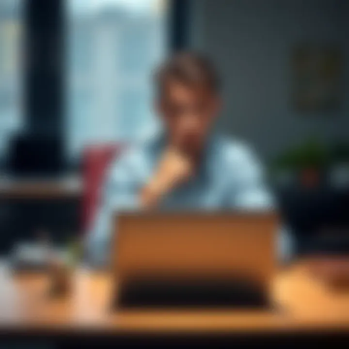 A thoughtful person sitting at a desk, looking at a laptop with a confused expression, symbolizing a search for self-identity.
