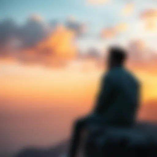 A person sitting on a cliff, looking at the horizon with a thoughtful expression, symbolizing contemplation about life's purpose.