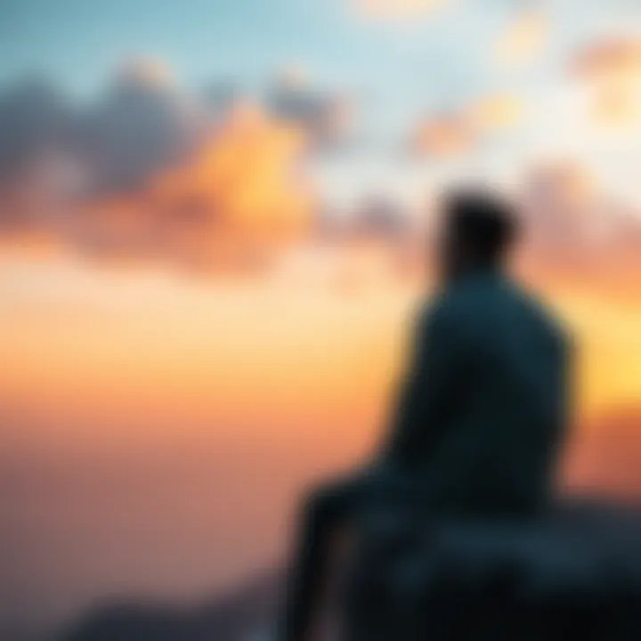 A person sitting on a cliff, looking at the horizon with a thoughtful expression, symbolizing contemplation about life's purpose.