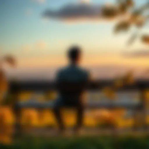 A person sitting alone on a bench looking thoughtful, surrounded by nature, reflecting on life after awakening.