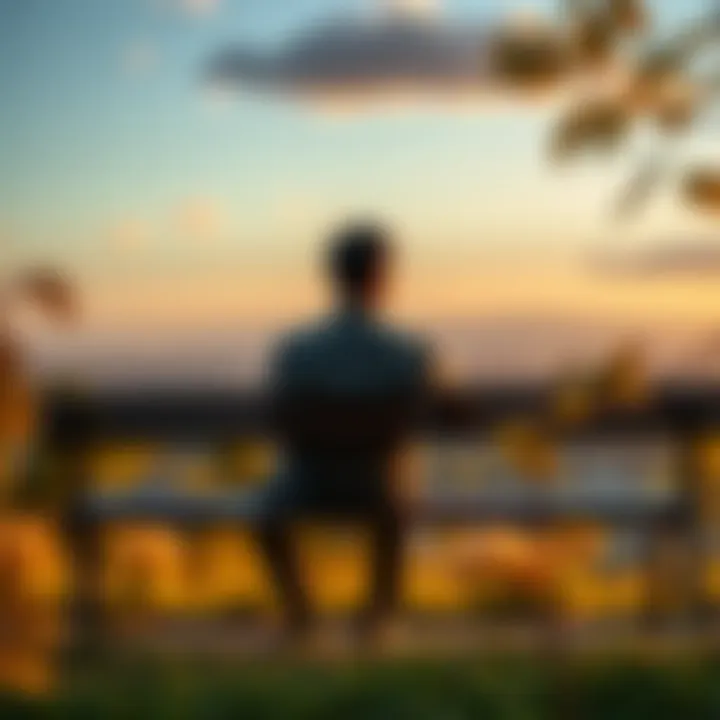A person sitting alone on a bench looking thoughtful, surrounded by nature, reflecting on life after awakening.