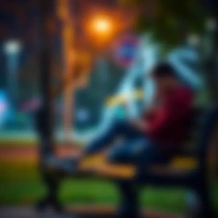Individual sitting on a bench, looking thoughtfully at a phone, symbolizing reflection on past crushes while in a relationship.
