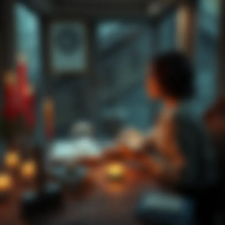 A person sits at a table with a crystal ball and a notepad, looking contemplative about the future and predictions, surrounded by candles and books on fate.