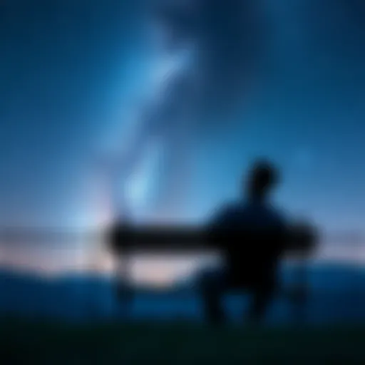 A person sitting on a bench looking up at a starry sky, deep in thought about the nature of existence.