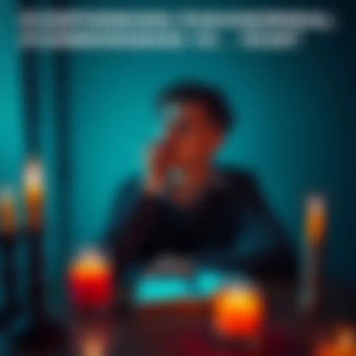 A person sitting at a table with a thoughtful expression, surrounded by objects like candles and a notebook, considering if everyday fears are mistaken for paranormal experiences.