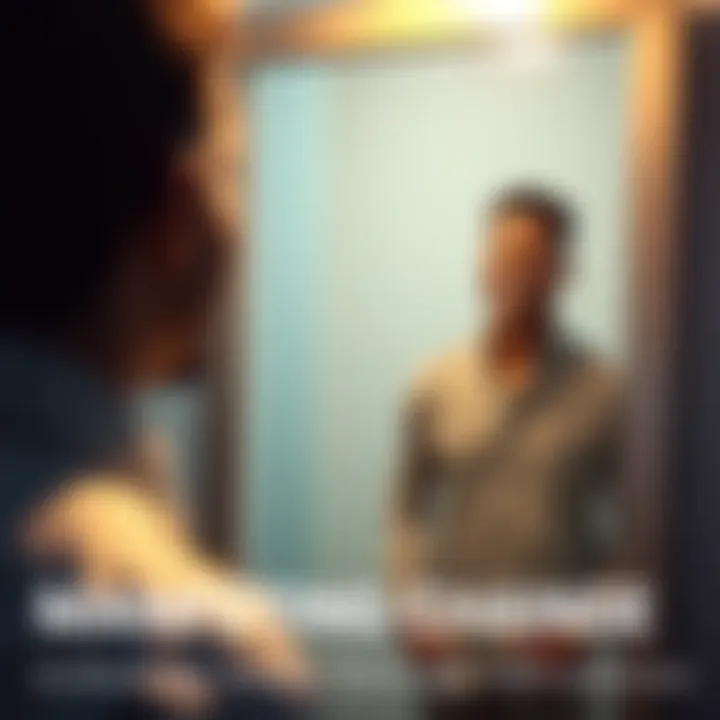 Individual standing confidently in front of a mirror, smiling while speaking affirmations about their health and appearance