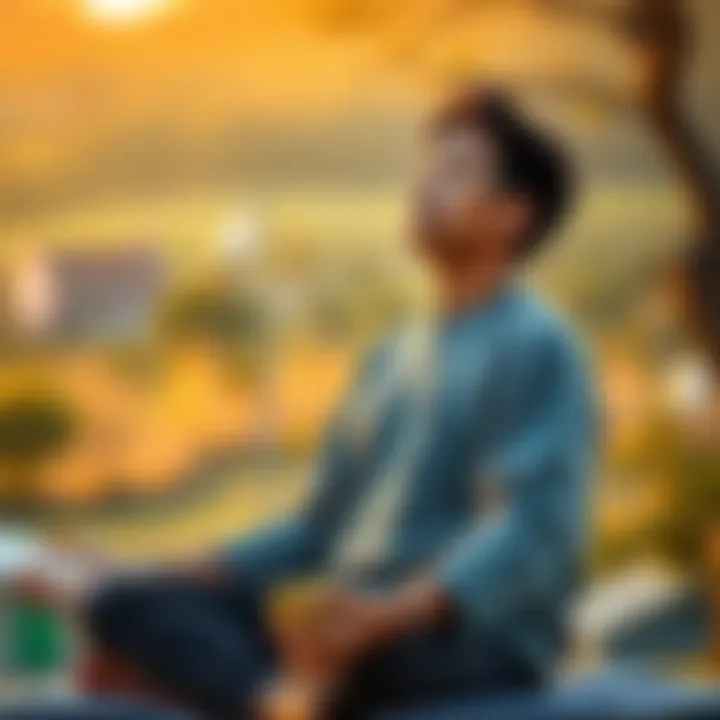 A person sitting calmly, eyes closed, practicing Box breathing outdoors with a serene expression
