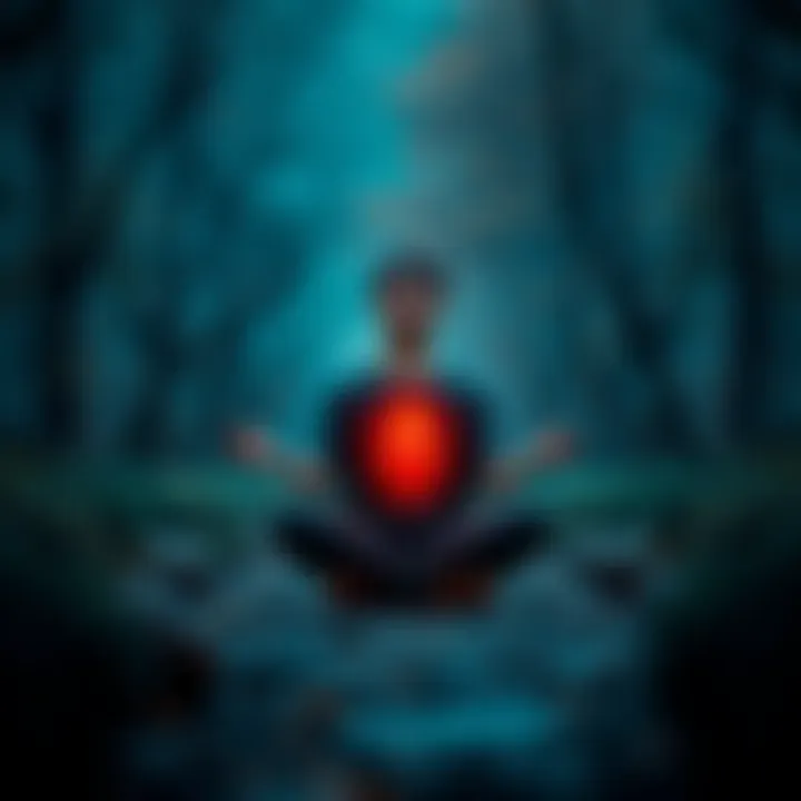 A person sits cross-legged, focusing on breath near their Lower DanTian area, surrounded by calming nature.