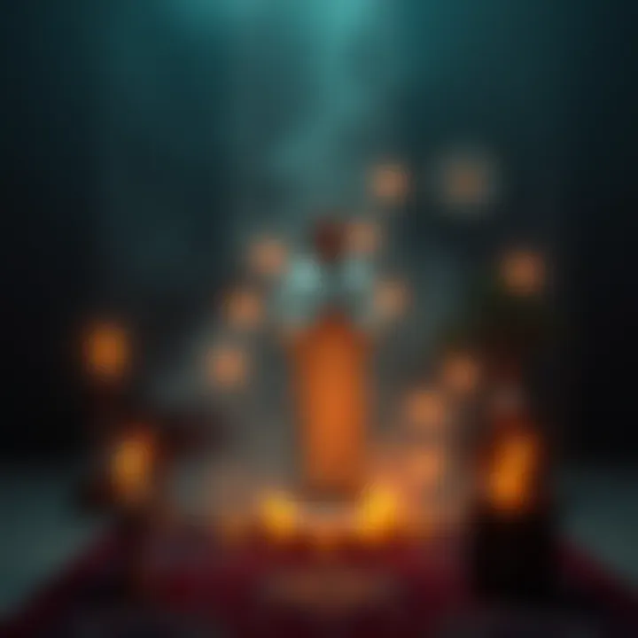 A person standing in a meditative pose, surrounded by symbols and candles, performing the Lesser Banishing Ritual of the Pentagram.