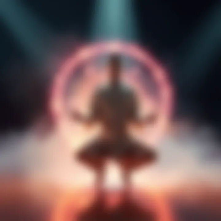 A person in a meditative pose seemingly levitating above the ground, surrounded by a soft glow.