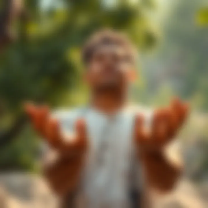 Individual with open hands in a serene setting, engaged in prayer, symbolizing a connection with the HGA.