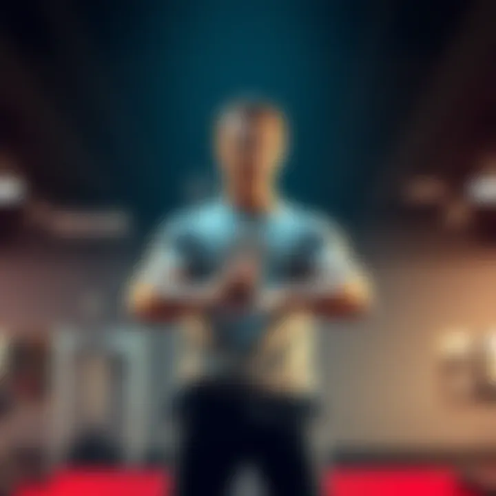 A person stands confidently, holding a pendant of Athena, preparing for a difficult work conversation. They are in a gym setting, symbolizing strength and focus.