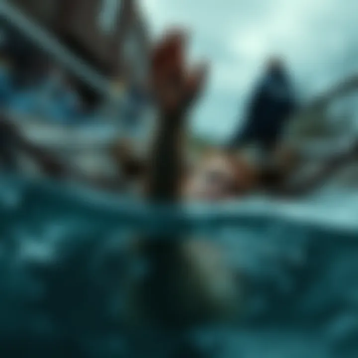 A person falls into a deep river hole while their partner watches with a shocked expression, highlighting a moment of betrayal during a boat trip.