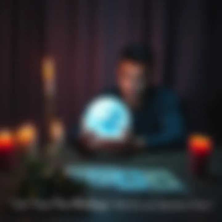 A person sitting at a table with a crystal ball, writing down questions for guidance, surrounded by candles and tarot cards.