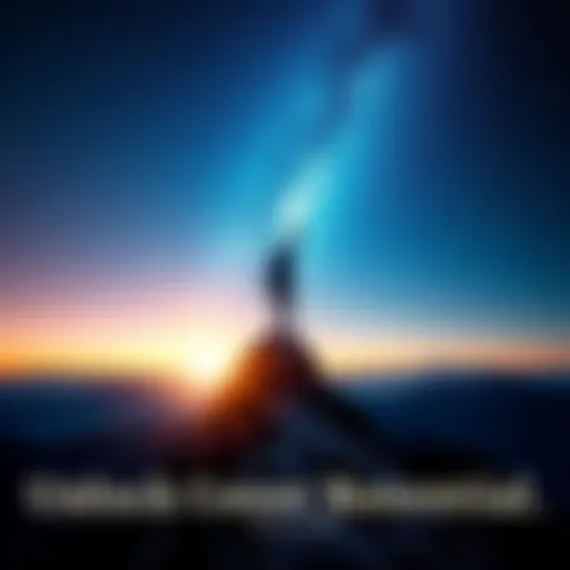 Individual standing on a mountain peak, stretching towards a sky filled with stars, symbolizing ambition and potential.