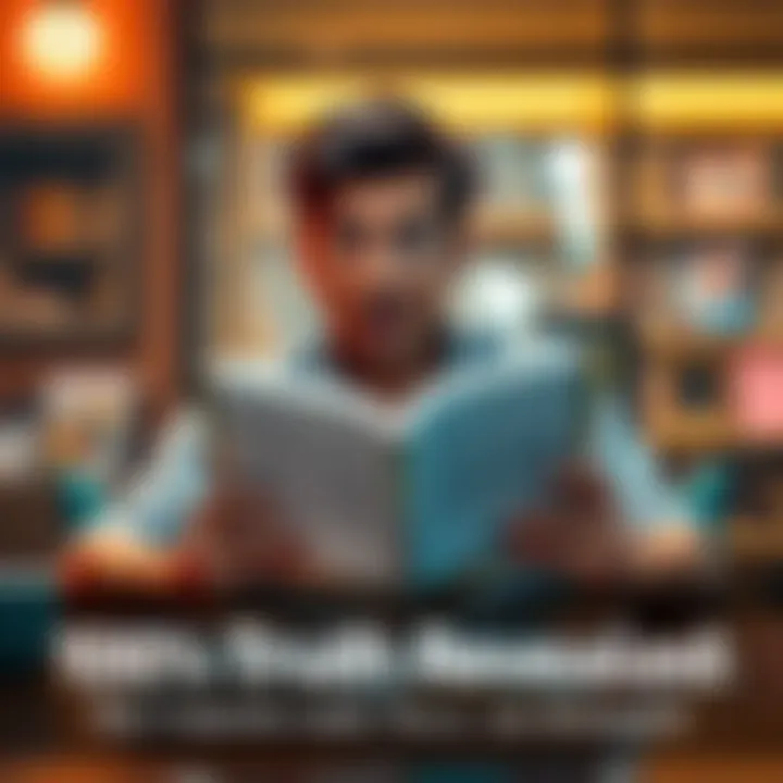 A person sitting at a table reading a book, looking amazed and intrigued by the story they are uncovering