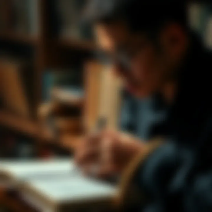 A focused person reading a book with notes and a pen, highlighting important sections