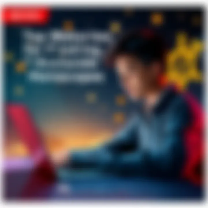 A person looking at a horoscope website on a laptop, with astrological symbols and stars in the background.