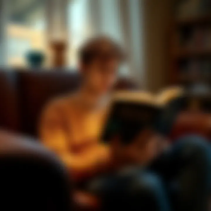 A person sitting in a cozy room, absorbed in reading a book by Neville Goddard, with a warm light illuminating their thoughtful expression.