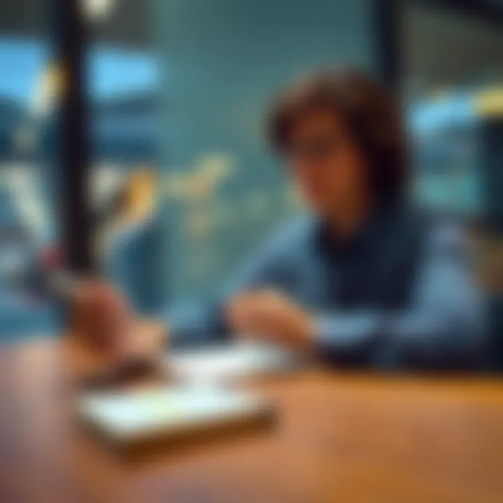 A person sitting at a table, looking confused while reading Tufti's first chapter. They hold a pen and have a notebook in front of them, indicating they are trying to take notes and understand the content better.
