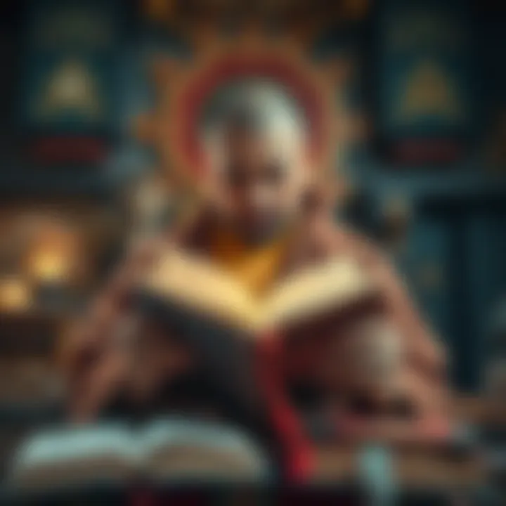 A person studying ancient Vajrayana texts with a look of concentration, surrounded by books and spiritual symbols.