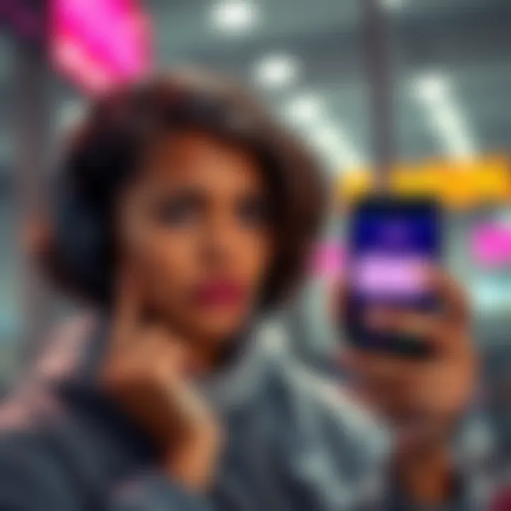 Person receiving a strange text message A person looking puzzled while holding a phone displaying a text message from an unknown number claiming to be 'Mina'