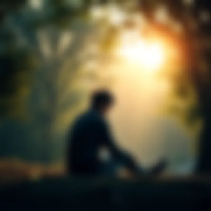 A person sitting alone in a serene setting, deep in thought about their beliefs in an afterlife, with light filtering through trees around them.