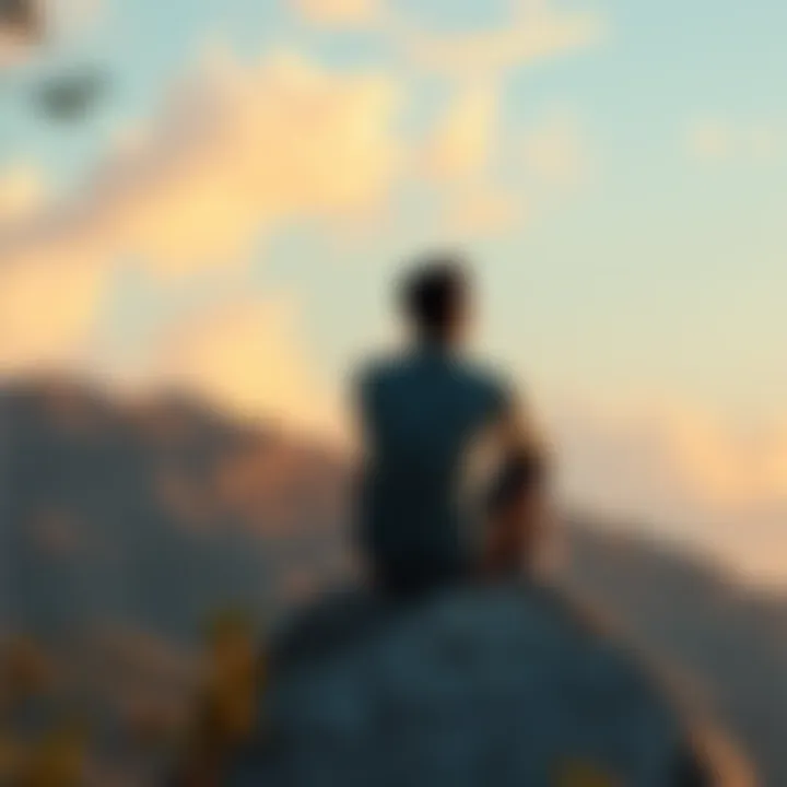 A person sitting on a rock in a serene natural setting, gazing thoughtfully into the distance, symbolizing inner reflection and solitude after self-discovery