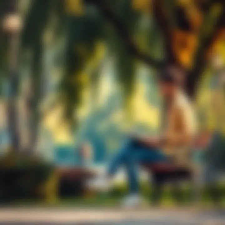 Person sitting on a bench with a journal A person reflecting on their emotions while writing in a journal on a park bench, surrounded by nature.