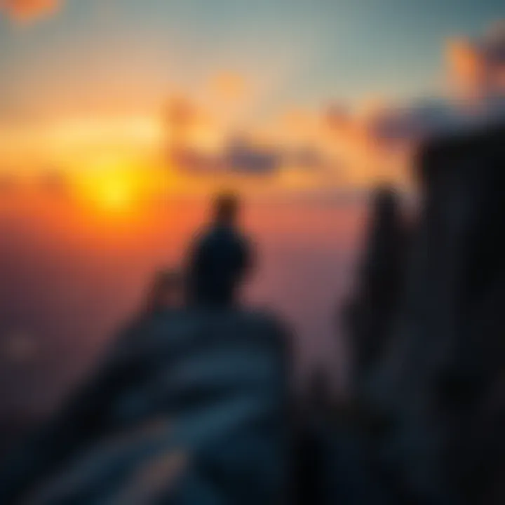 Individual sitting on a rocky cliff at sunset, contemplating life's challenges and the quest for meaning in a chaotic world.