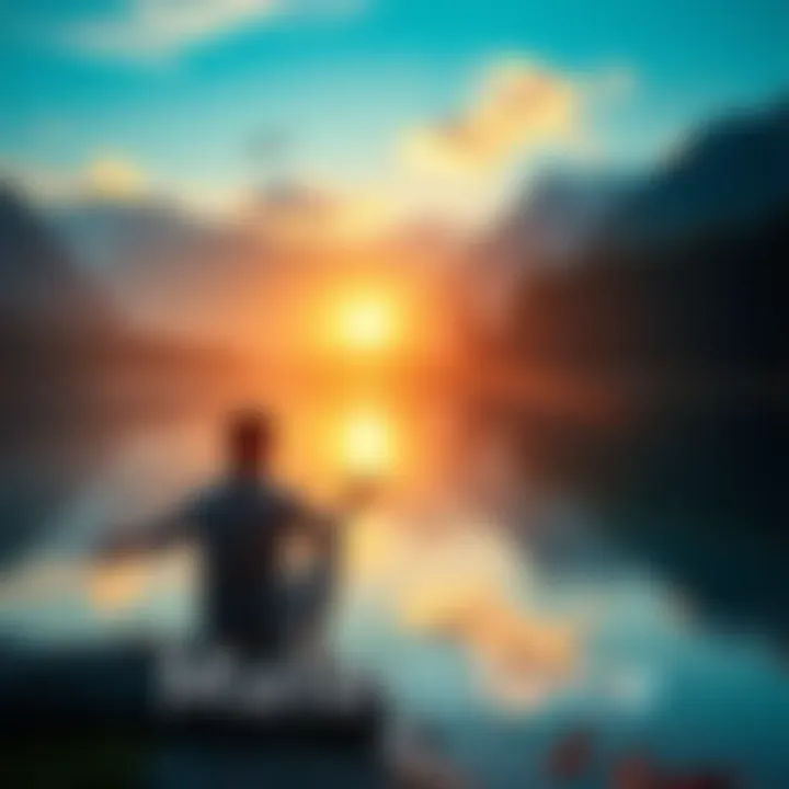 A person sitting peacefully by a serene lake, contemplating the true meaning of happiness in life, with trees and mountains in the background.