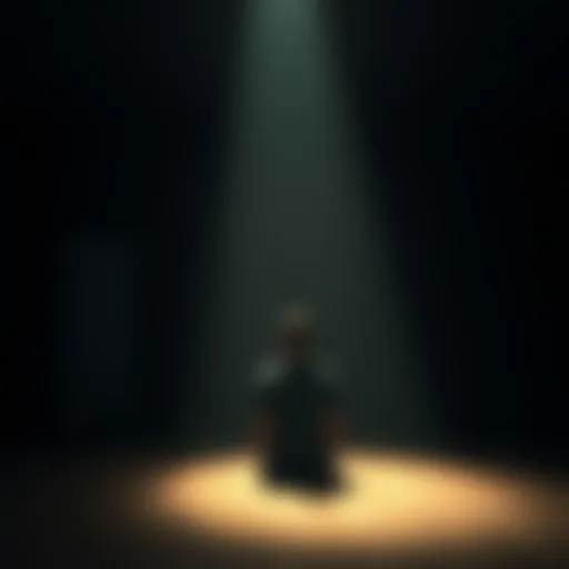 Individual sitting alone in a quiet room, looking thoughtful and introspective, surrounded by dim light, symbolizing the struggle with pain and the quest for healing.