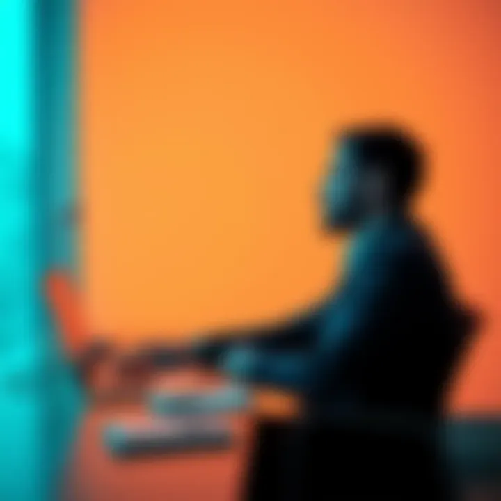 Individual sitting at a desk, contemplating career choices with a laptop open and notepad beside them.