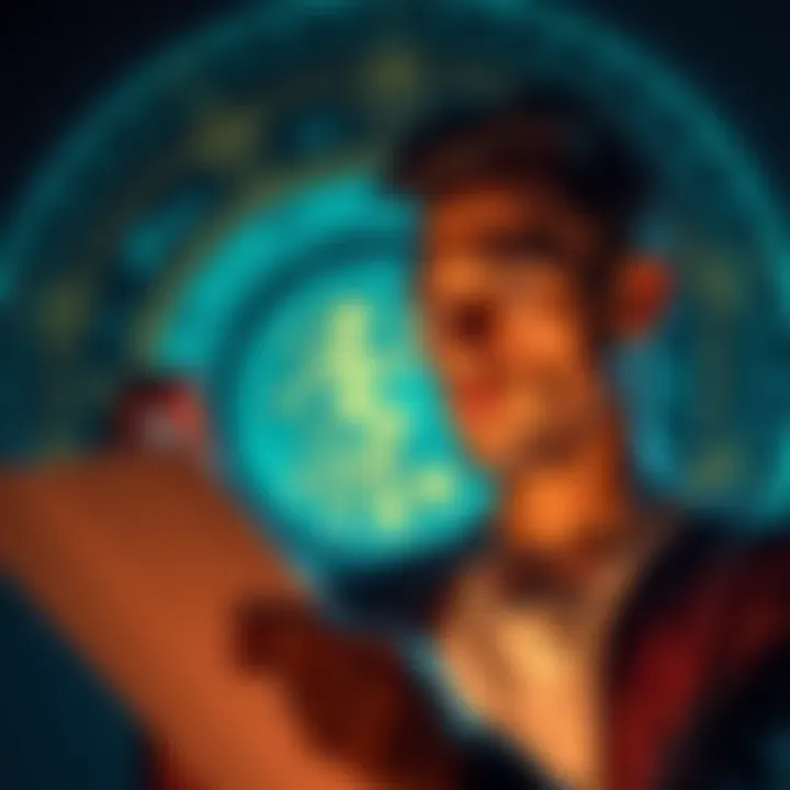 Person Reflecting on Life Chart Individual analyzing their life chart with a thoughtful expression, surrounded by symbols representing personal growth and purpose