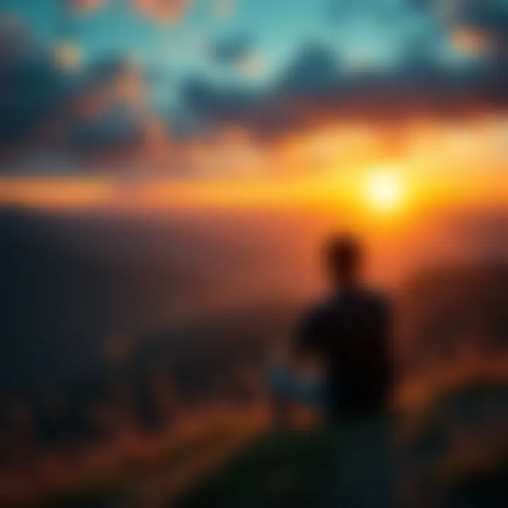 Person reflecting on life lessons A person sitting on a hillside, gazing at the sunset, contemplating life and lessons to be learned.