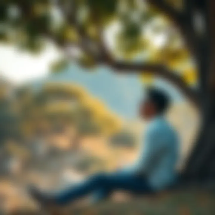 A thoughtful individual sitting under a tree, contemplating their life script, surrounded by nature.